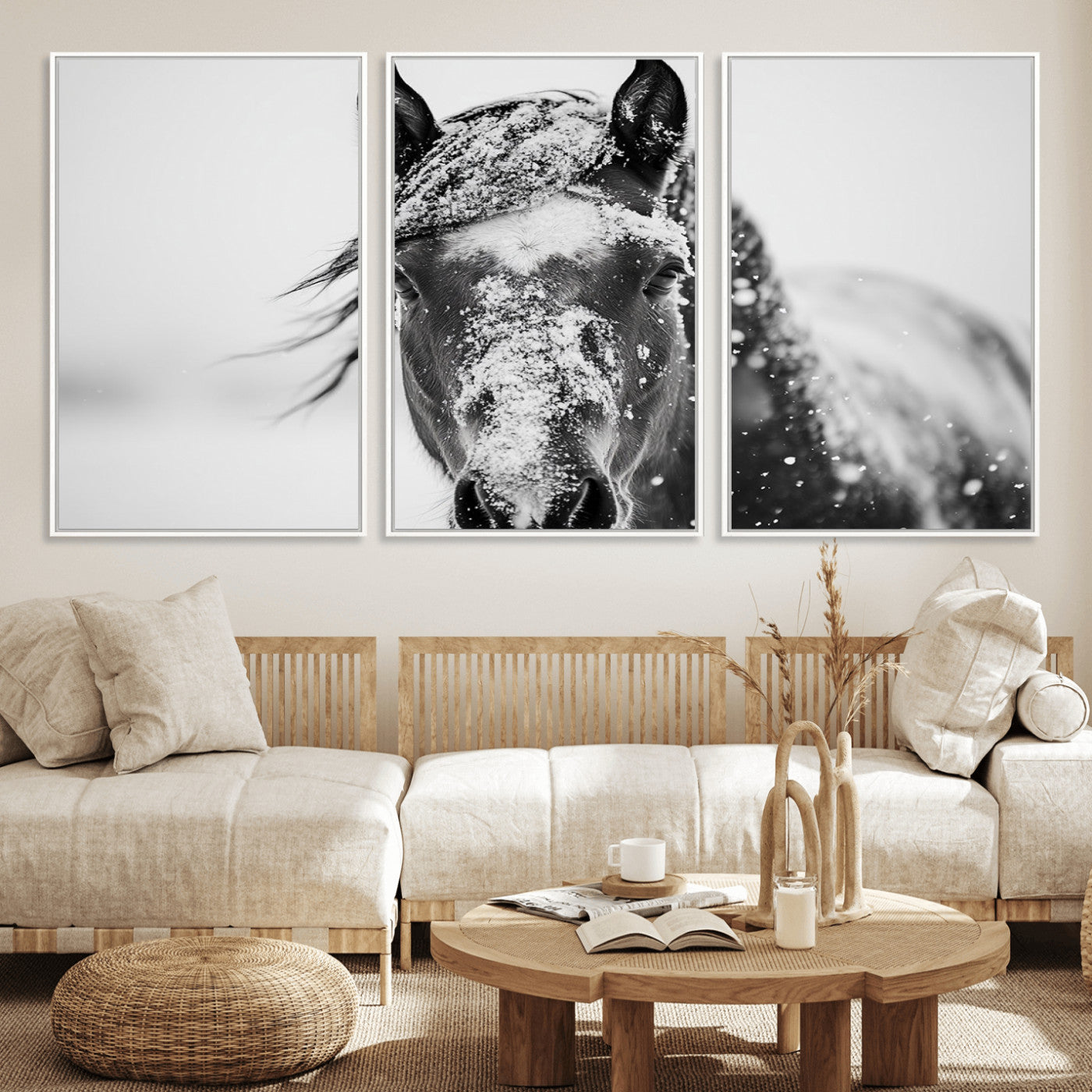 MGV-FC-60X30-3P - Western Wall Art | Black and White Winter Horse Wall Art | Ready to Hang and Framed | Farmhouse and