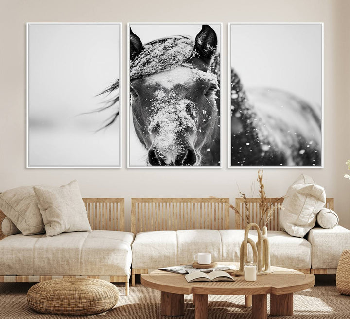 This black and white winter horse wall art enhances any decor; it is ready to hang and framed for a farmhouse or Western style.