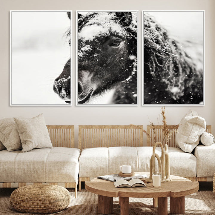 The wall art is a Black and White Horse piece, framed and ready to hang.