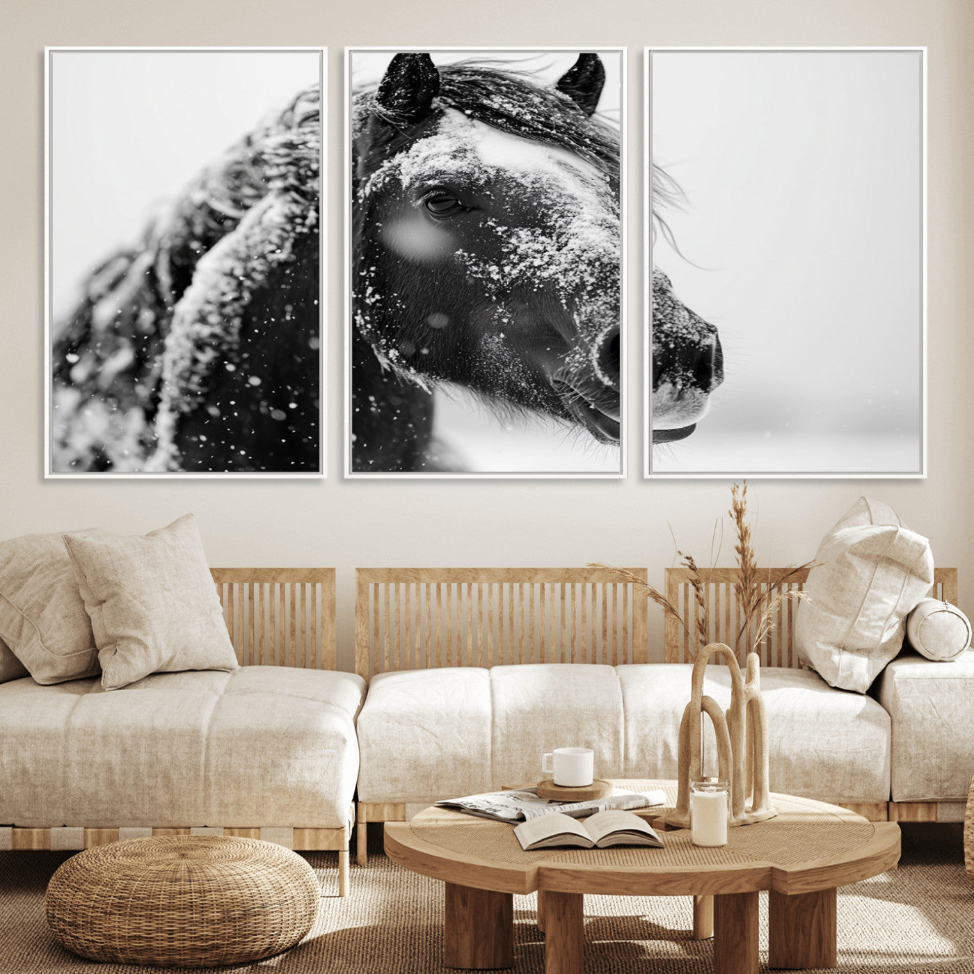 MGV-FC-60X30-3P - Winter Horse Canvas Print | Large 3-Panel Black White Equine Photography for Rustic Farmhouse Wall