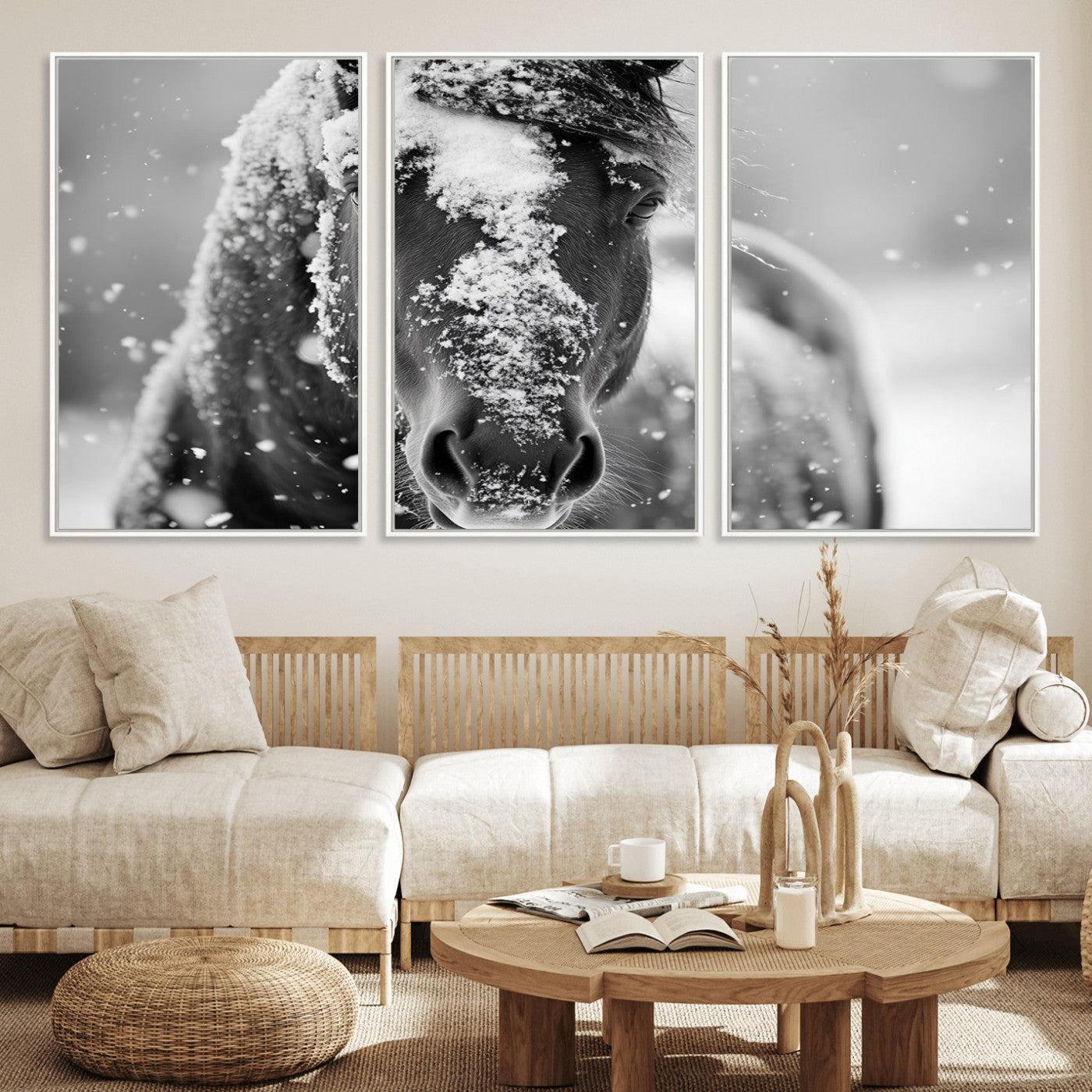 MGV-FC-60X30-3P - Black and White Horse Winter Wall Art | Ready to Hang and Framed | Farmhouse Wall Decor | Western
