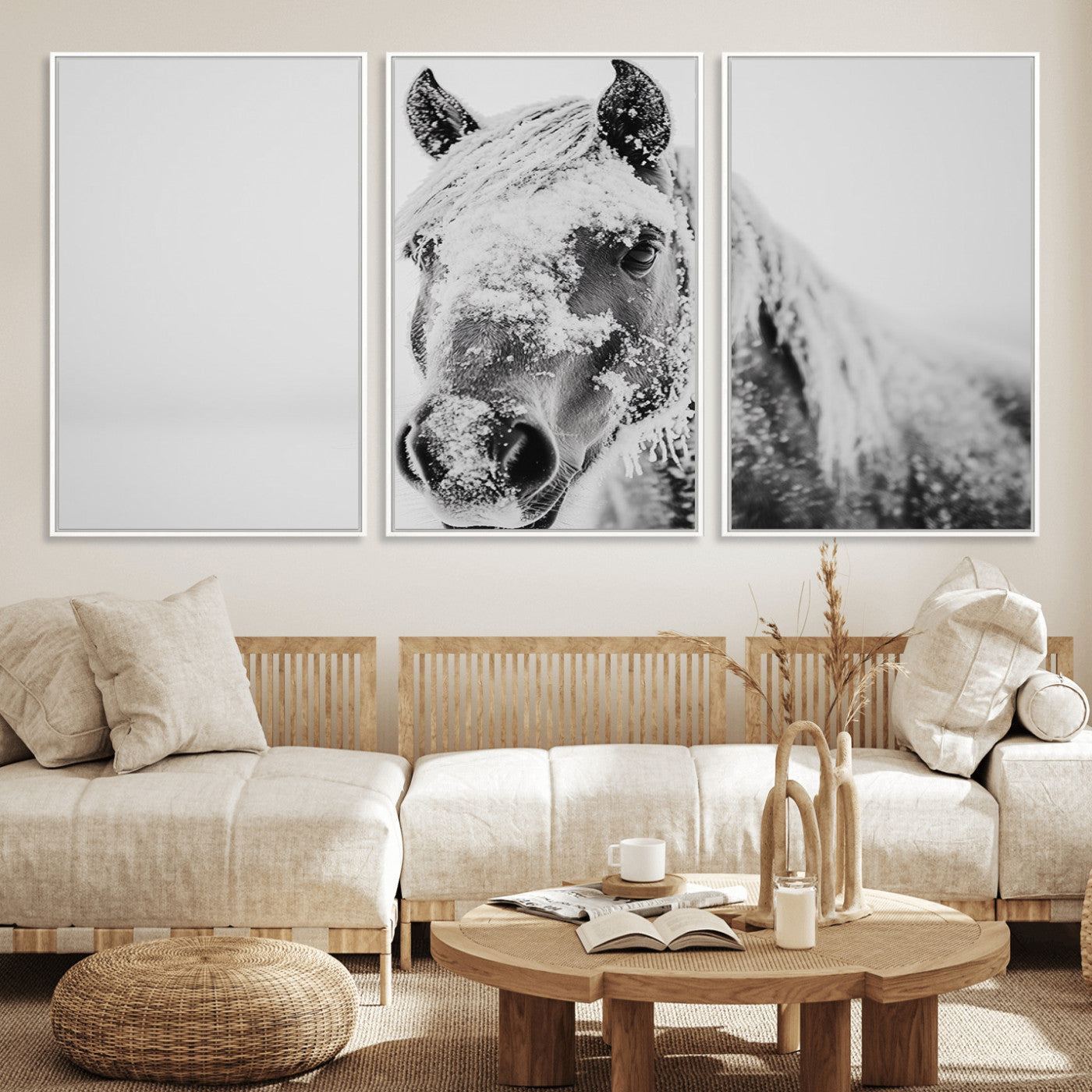 MGV-FC-60X30-3P - White Horse Wall Art | Ready to Hang and Framed | Winter Horse Wall Art Print for Farmhouse and