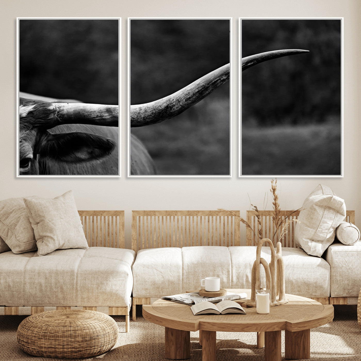 MGV-FC-60X30-3P - Cow Longhorn Wall Art | Black and White Print | Ready to Hang and Framed | Farmhouse Wall Decor |