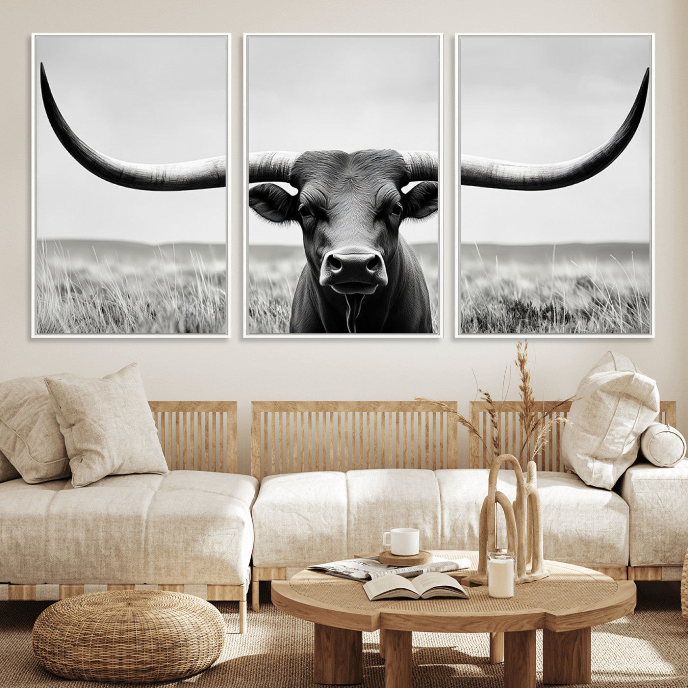 MGV-FC-60X30-3P - Longhorn Bull Canvas Print | Rustic Farmhouse Wall Art | Western Decor | Ready to Hang and Framed
