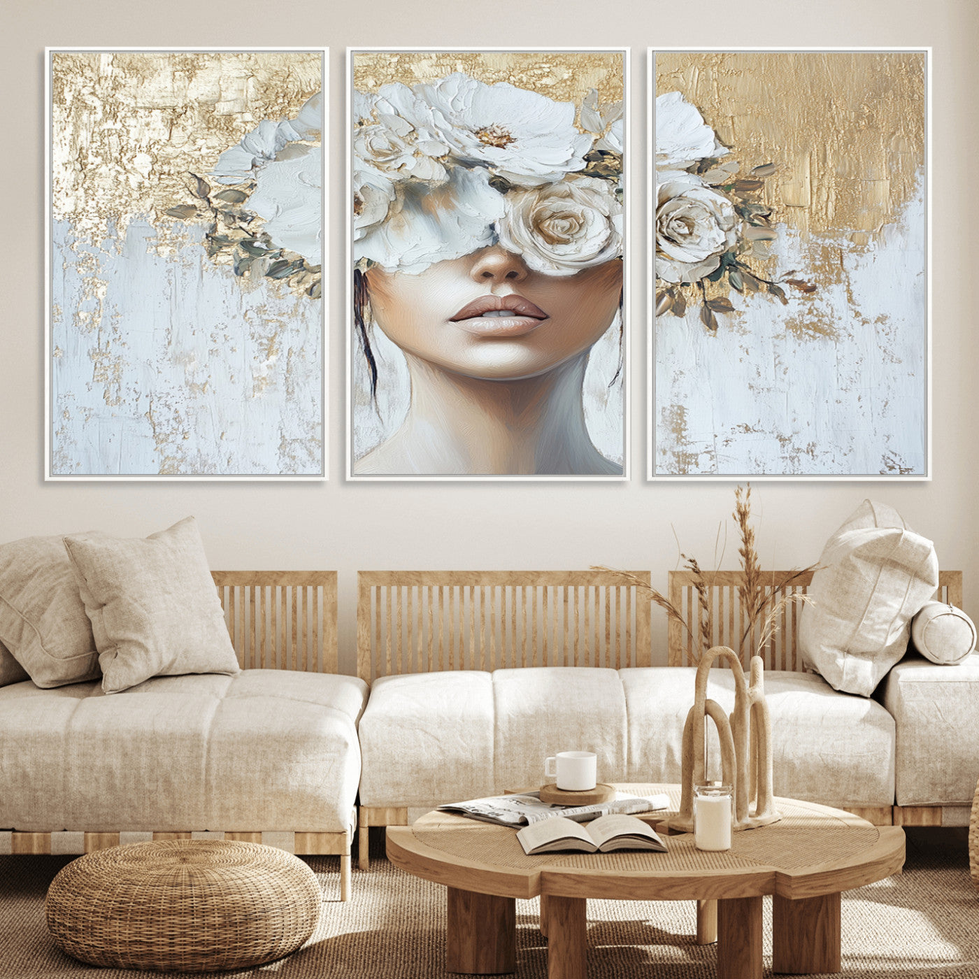 MGV-FC-60X30-3P - Golden Petal Wall Art - Canvas Print Flower Head Woman Painting Floral Woman Portrait Wall Decor,