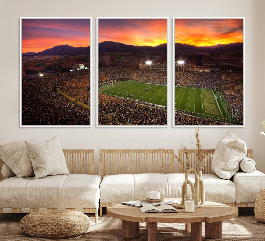 A vibrant mountain sunset at Folsom Field, home of the University of Colorado Football team, is captured in this stunning wall art canvas print.