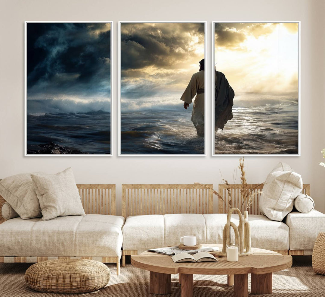 A dramatic sky serves as the backdrop for the Jesus Walking on Water wall art, a perfect piece for Christian home decor.