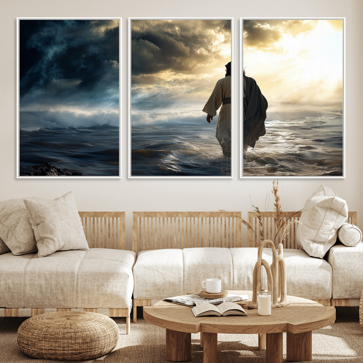 MGV-FC-60X30-3P - Jesus Walking on Water Wall Art | Canvas Print | Ready to Hang | Christian Home Decor | Spiritual