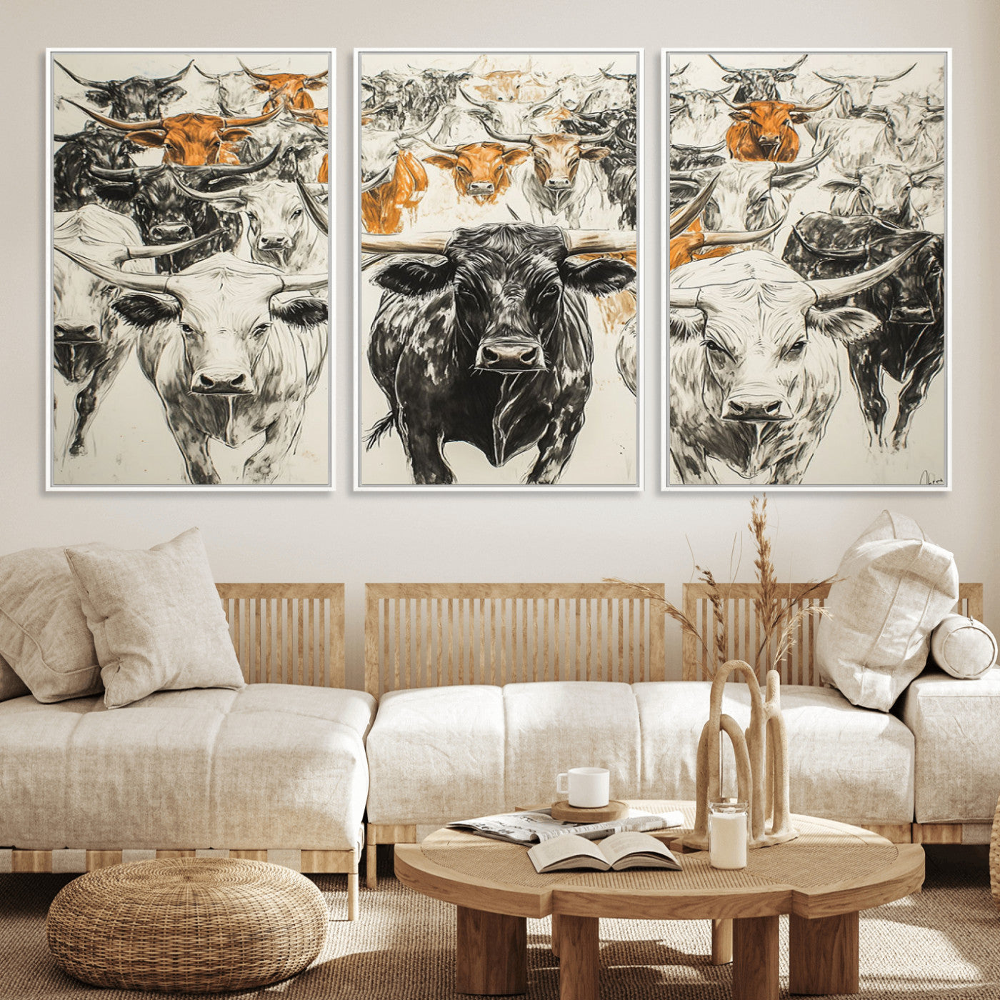 MGV-FC-60X30-3P - Farmhouse Wall Art | Western Longhorn Cattle Canvas Print | Ready to Hang and Framed Barn Decor