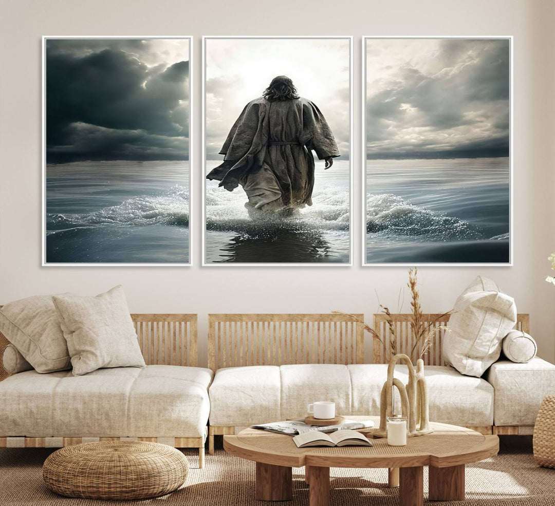 A canvas wall art depicting a figure walking on water beneath dramatic clouds, designed as inspirational religious imagery and ready to hang.