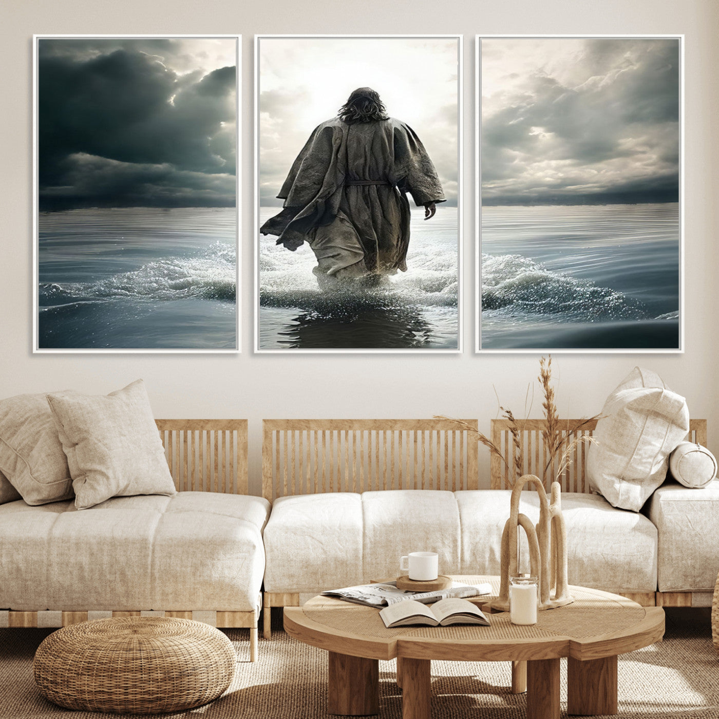 MGV-FC-60X30-3P - Jesus Walking on Water Wall Art | Canvas Print | Ready to Hang | Christian Home Decor | Spiritual