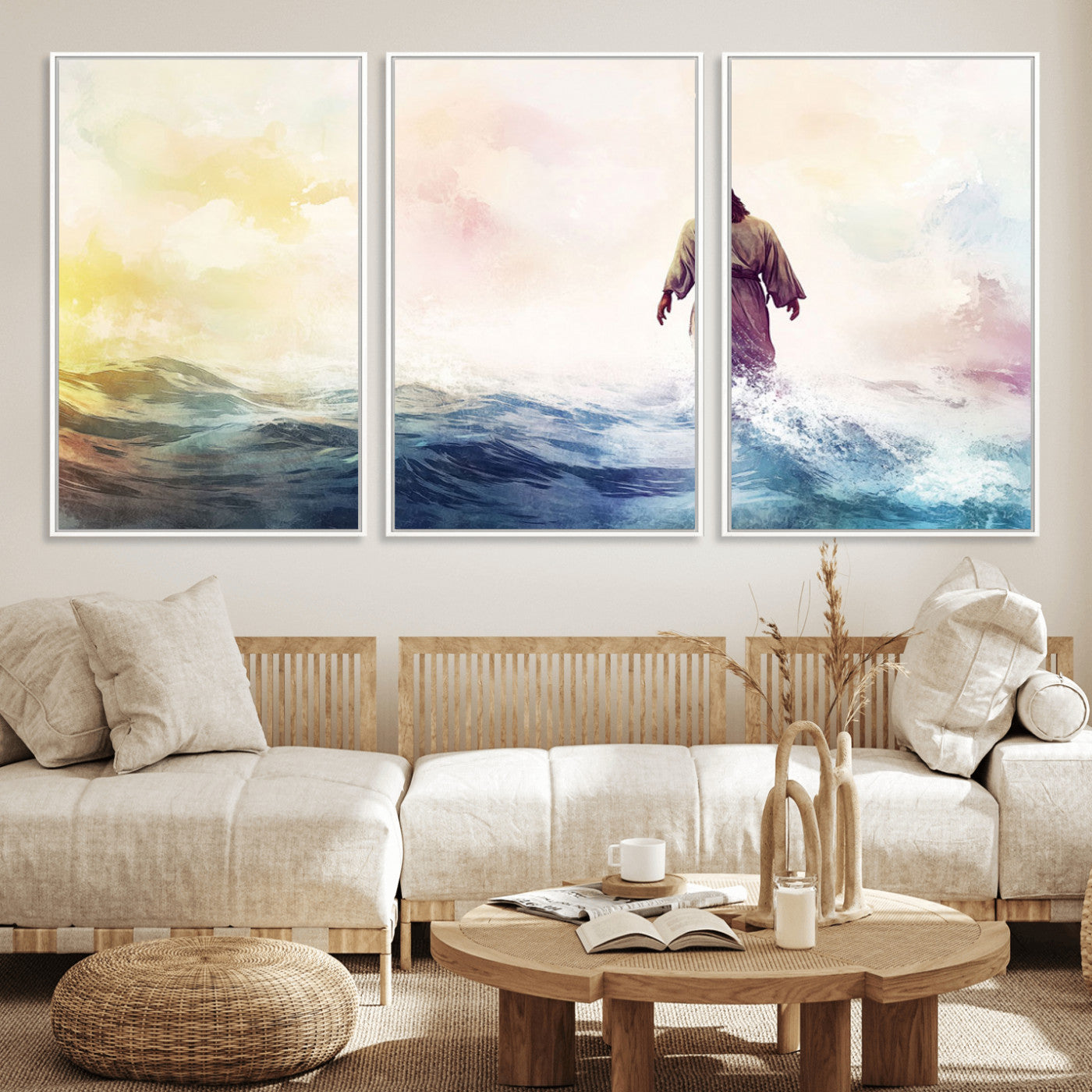 MGV-FC-60X30-3P - Watercolor Jesus Walking on Water Canvas Print, Christian Wall Art, Jesus Christ Walking