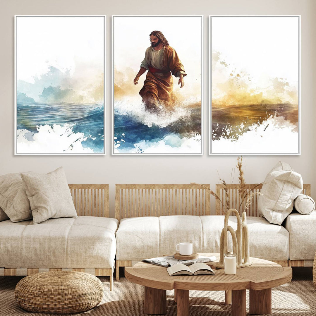 This watercolor canvas print depicts Jesus walking, characterized by abstract splashes against a serene background. It serves as a beautiful piece of Christian wall art.