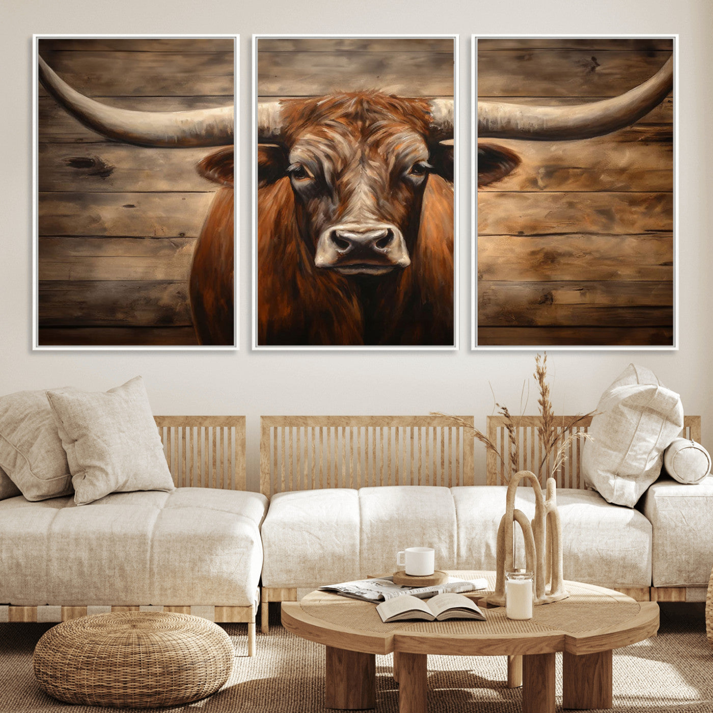 77556-MGV-FC-60X30-3P_White-Longhorn Bull Wall Art | Canvas Print | Ready to Hang | Rustic Farmhouse Wall Decor | Western Barn