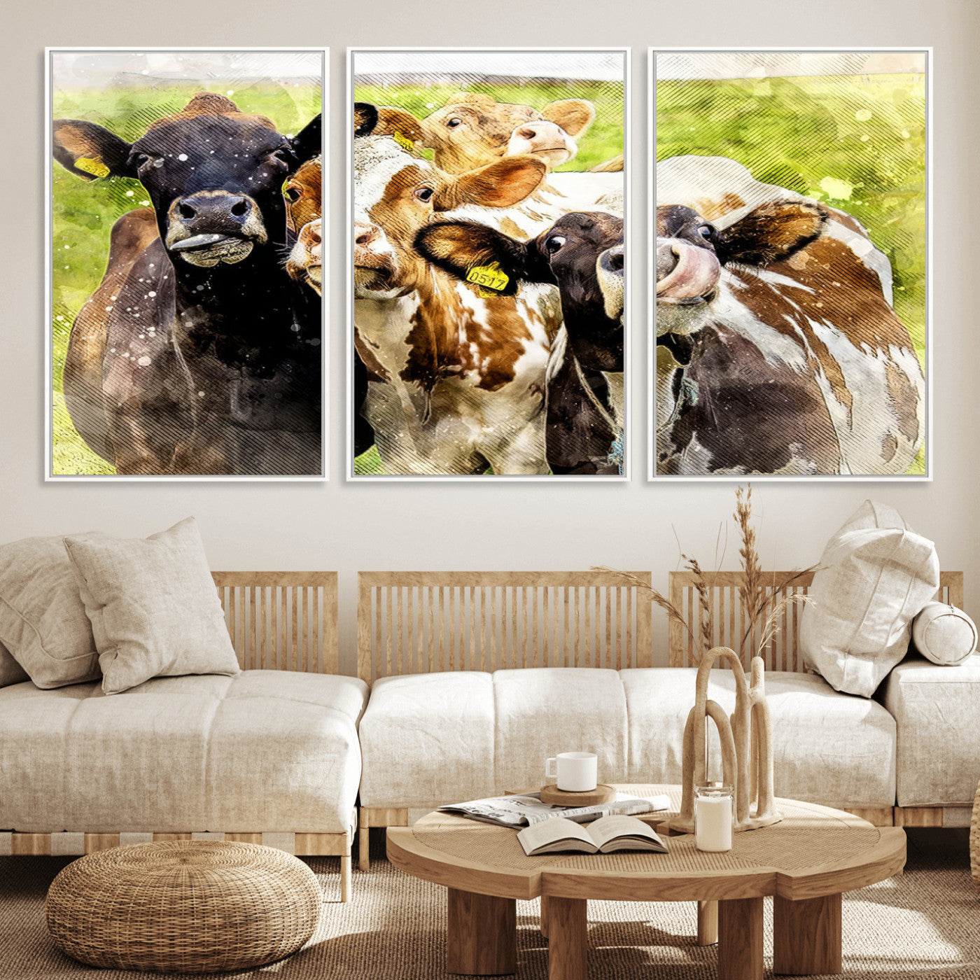 MGV-FC-60X30-3P - Curious Cows Farmhouse Wall Art | Ready to Hang and Framed Canvas Print | Rustic Farm Decor