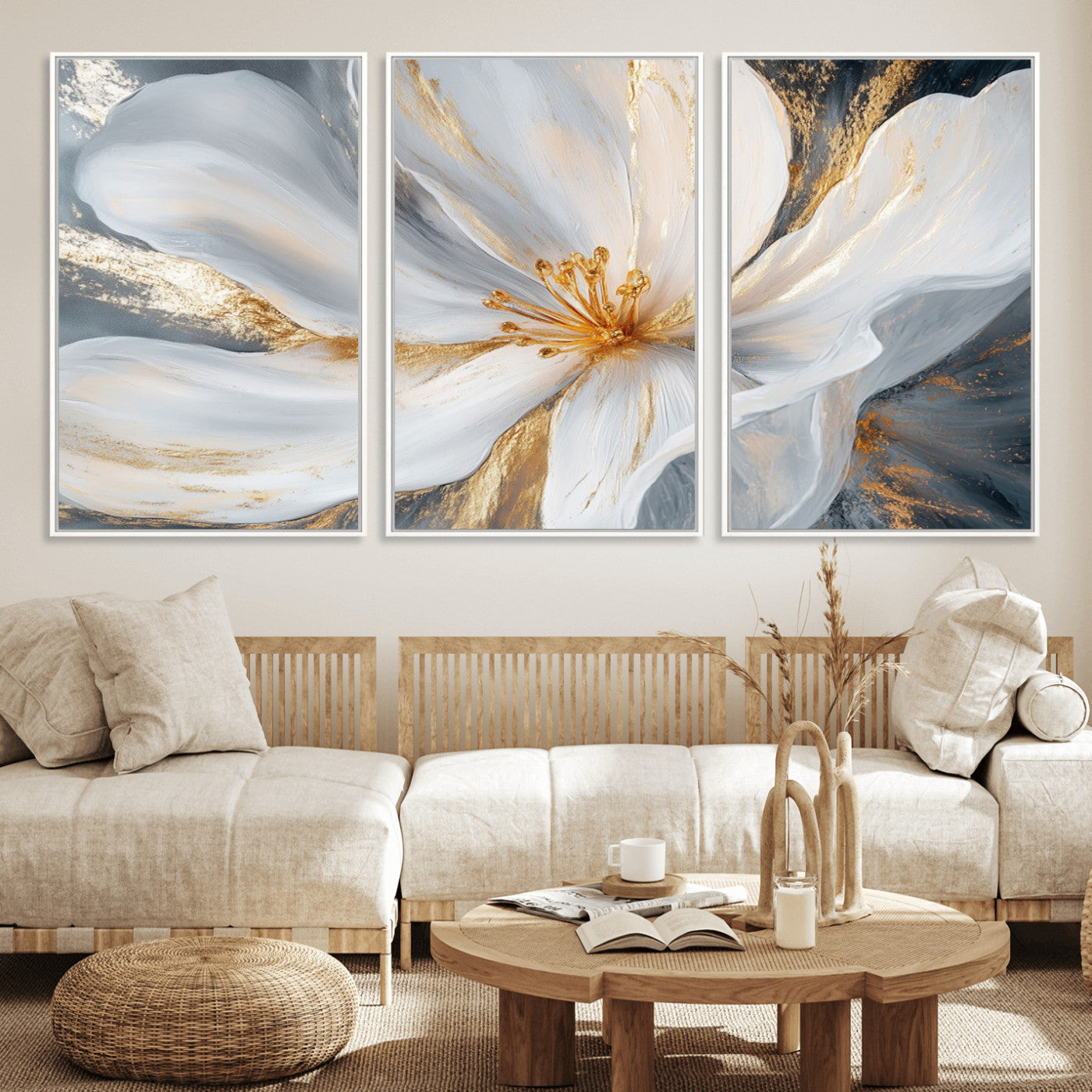 83149-MGV-CV-36X24-White and Gold Floral Canvas Wall Art - Framed and Ready to Hang - Perfect for Modern Living Rooms