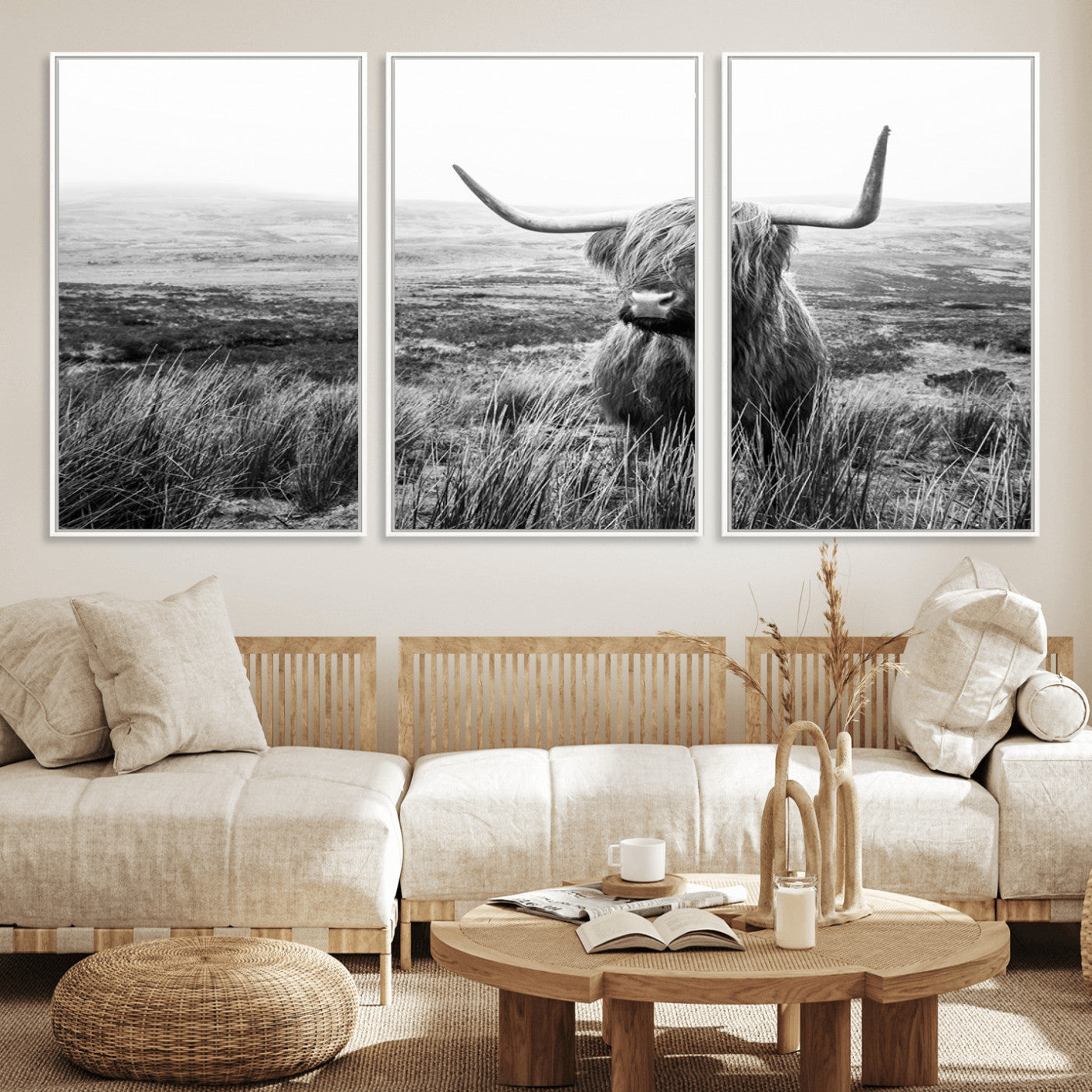 MGV-FC-60X30-3P - Scottish Highland Cow Wall Art | Black and White Canvas Print | Ready to Hang and Framed | Rustic