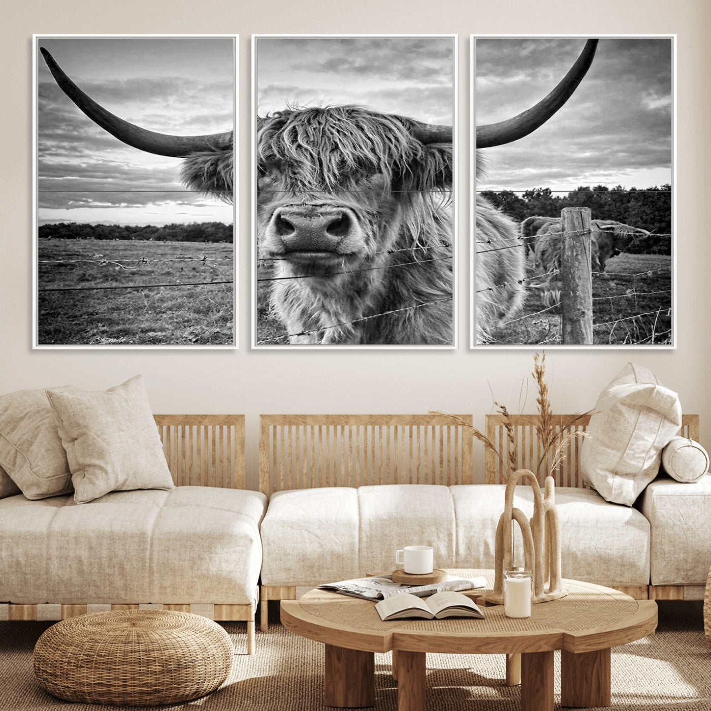 MGV-FC-60X30-3P - Scottish Highland Cow Wall Art Canvas Print | Ready to Hang and Framed | Rustic Farmhouse Decor