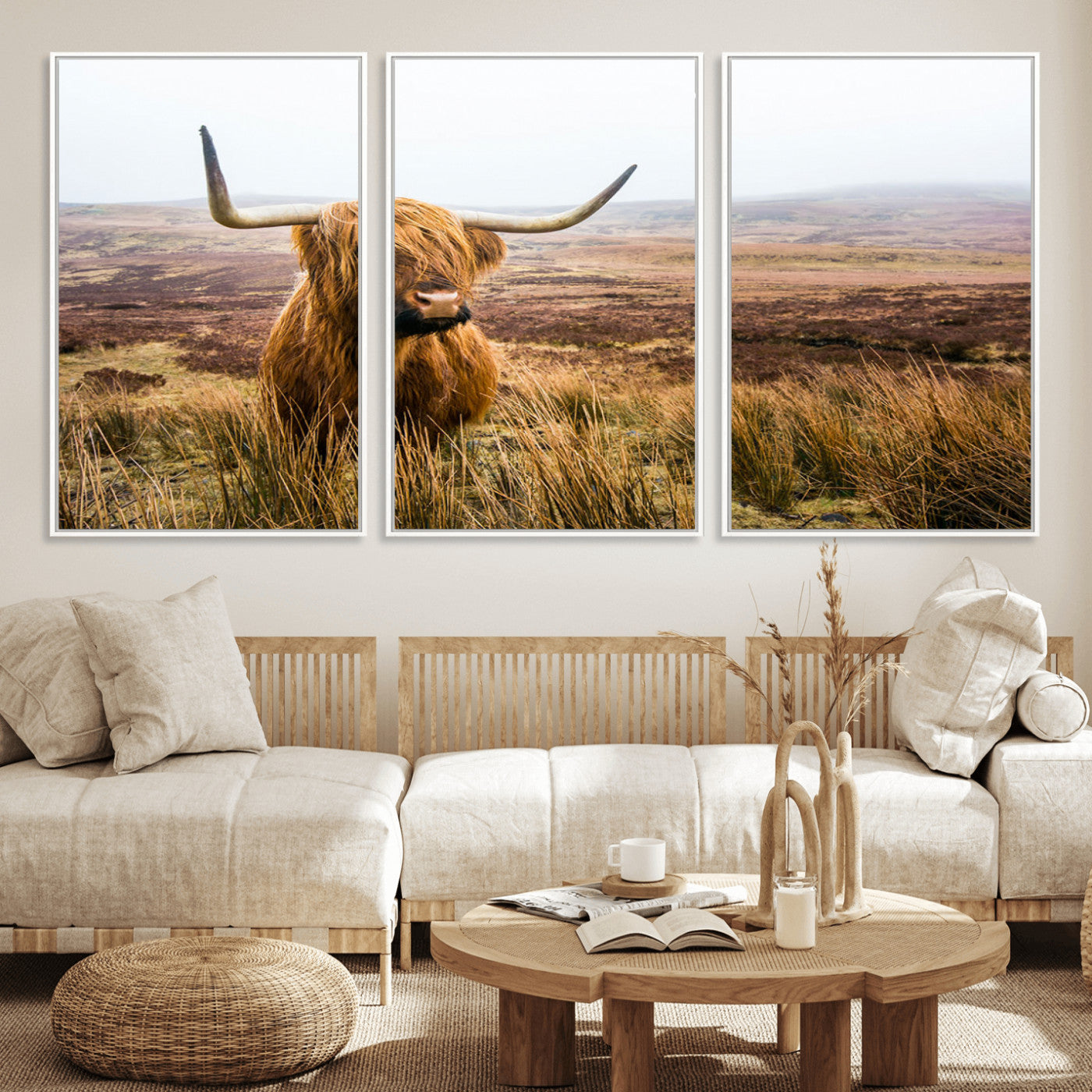 MGV-FC-60X30-3P - Scottish Highland Cow Wall Art Canvas Print | Ready to Hang and Framed | Rustic Farmhouse Decor for