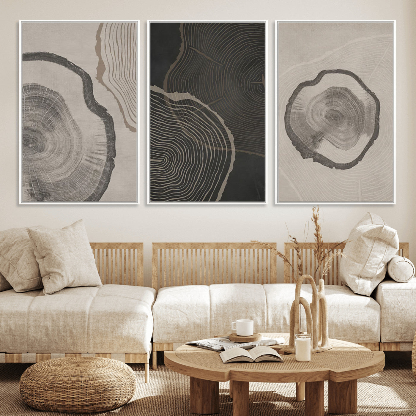 MGV-FC-60X30-3P - Modern Abstract Tree Ring Canvas Art Set | 3 Panel Large Tree Ring Design for Living Room, Office,
