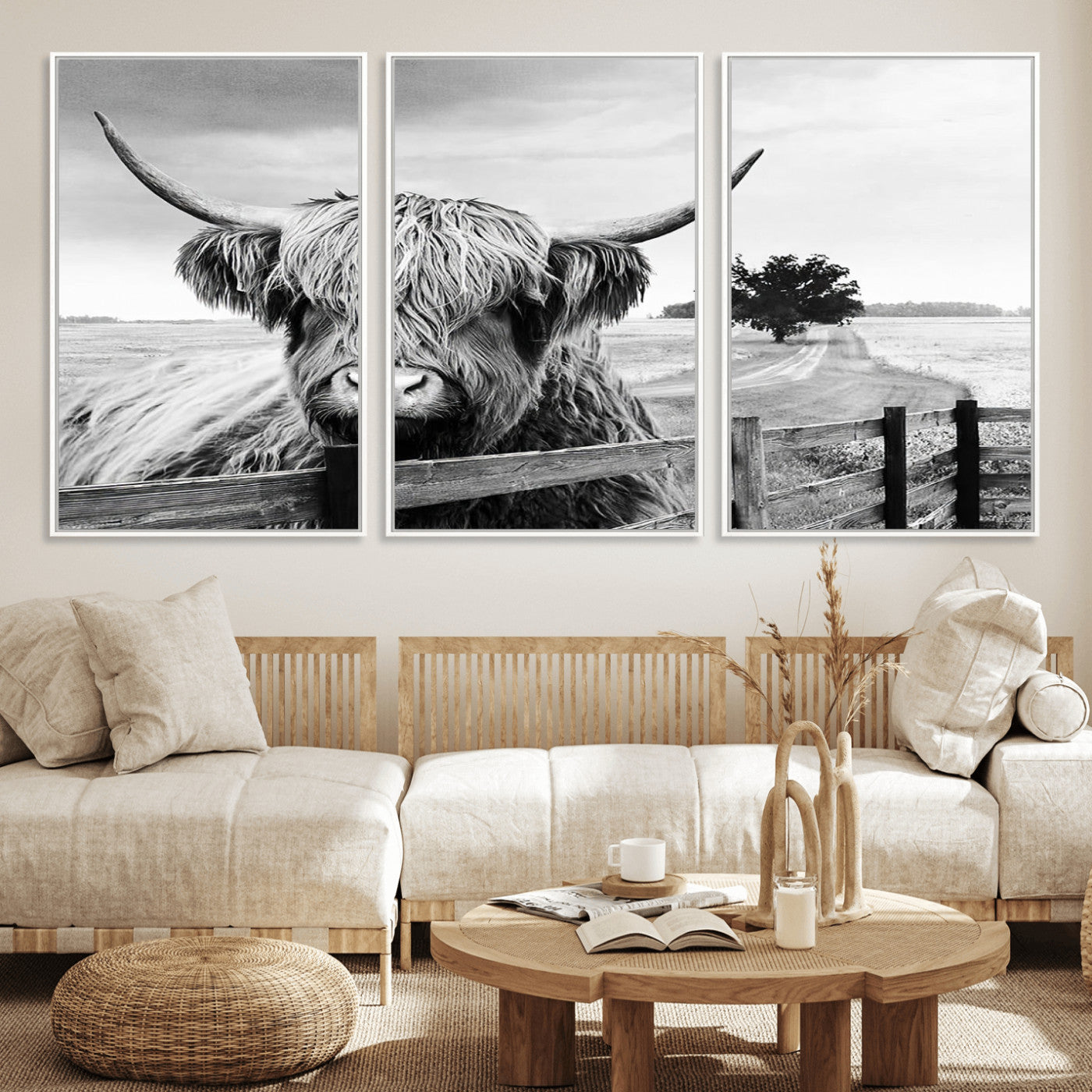 MGV-FC-60X30-3P - Scottish Highland Cow Wall Art | Rustic Farmhouse Décor | Black and White Ready to Hang Canvas Print