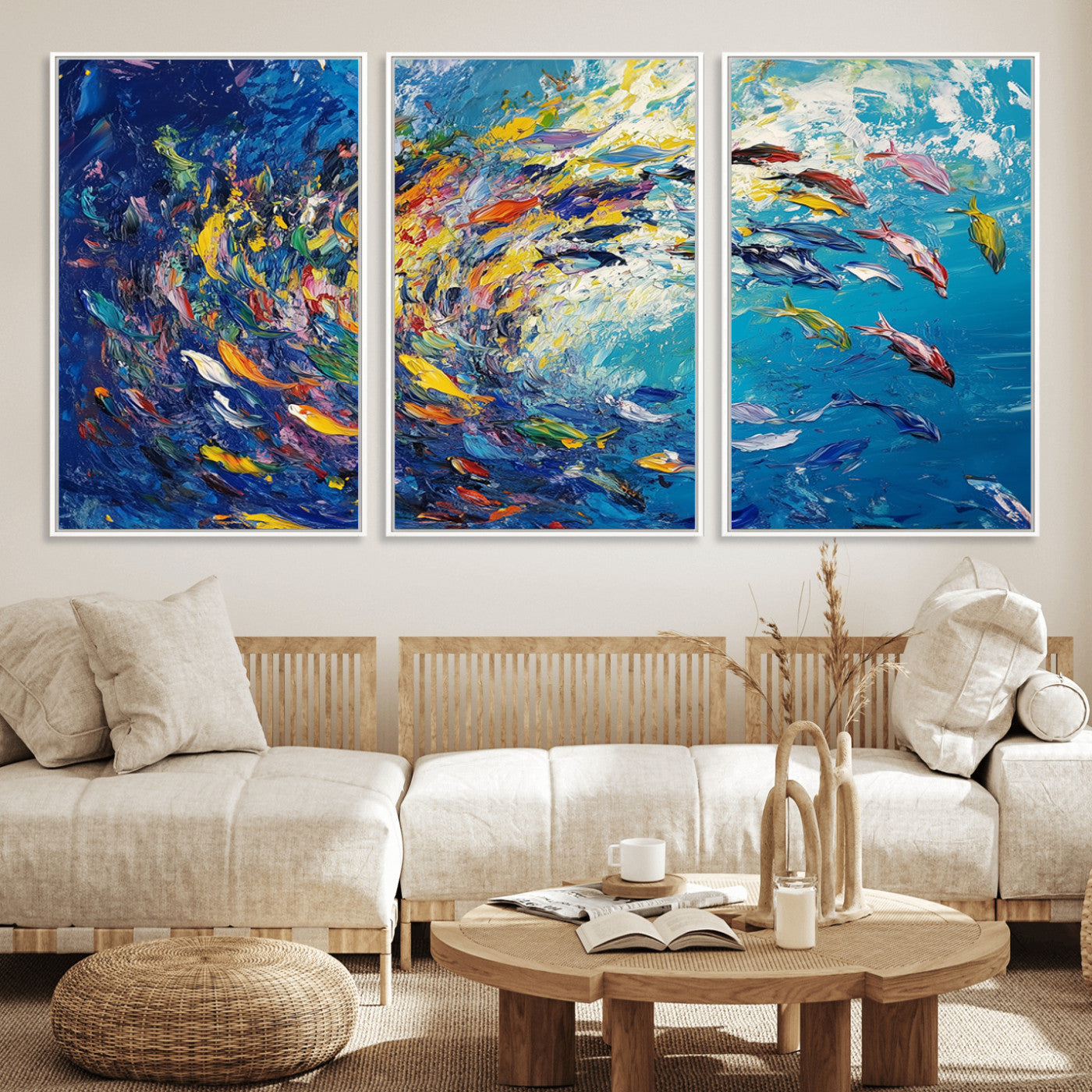 MGV-FC-60X30-3P - Colorful Swirling Fish School Wall Art Canvas Print | Oceanic Abstract Painting | Ready to Hang |