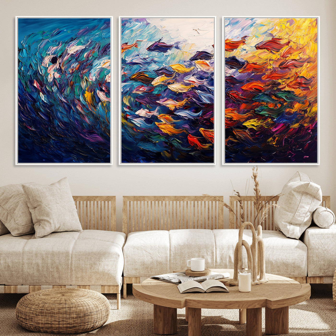 MGV-FC-60X30-3P - Vibrant Abstract Fish Swarm Art – Colorful Fish Inspired 3-Piece Canvas Wall Art for Living Room or