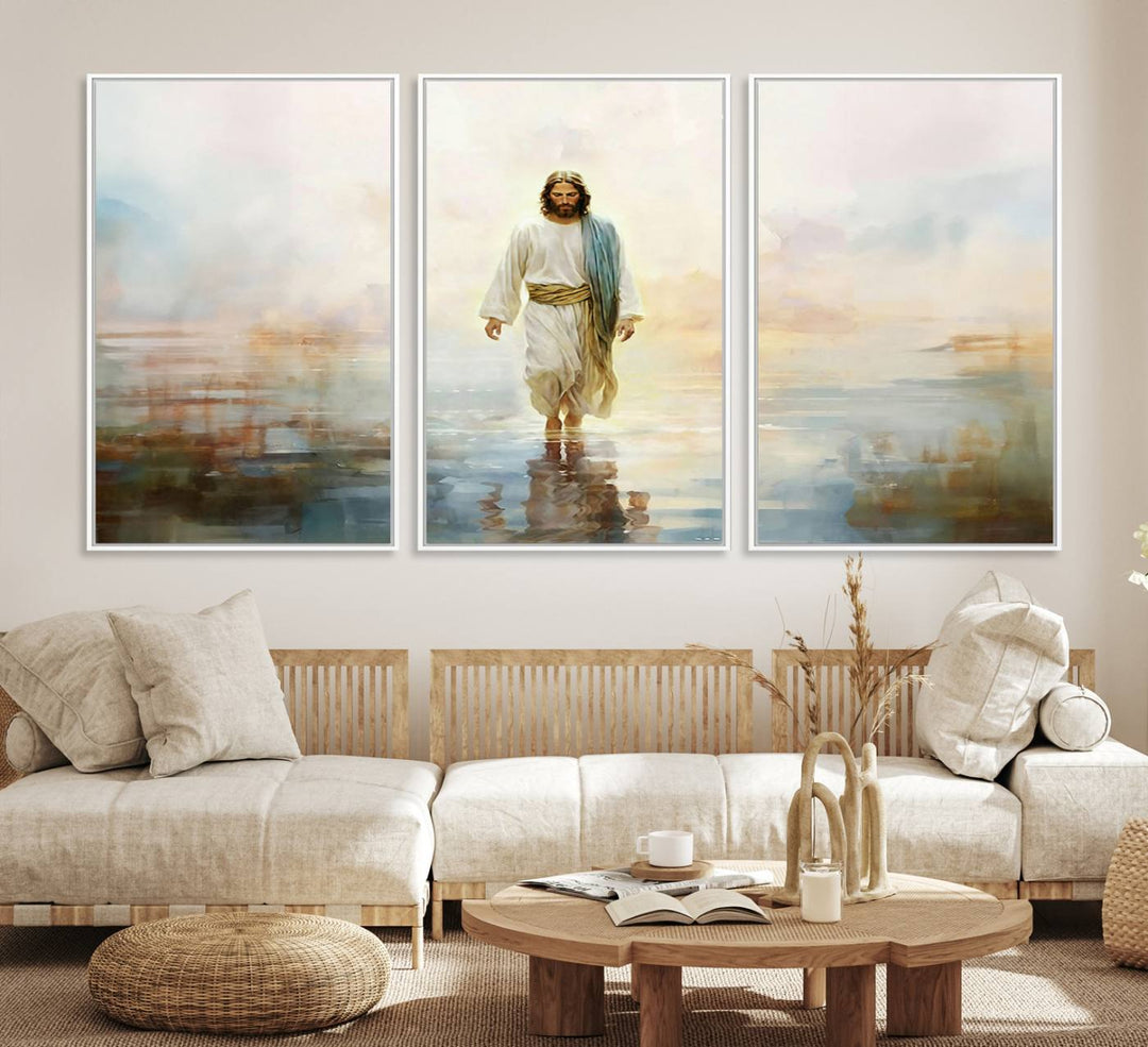 The 3-panel Framed Jesus Walking on Water Wall Art showcases a serene religious scene.