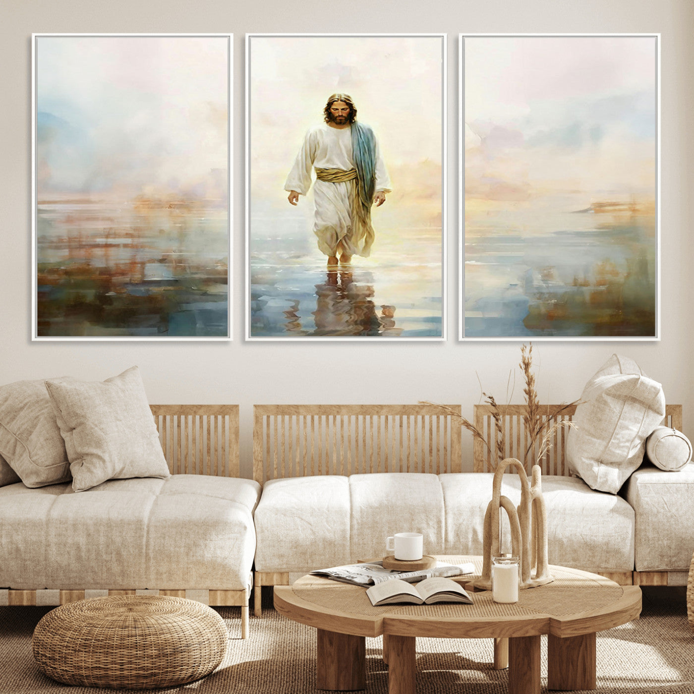 MGV-FC-60X30-3P - Framed Jesus Walking on Water Wall Art - 3-Panel Christian Canvas Prints, Religious Artwork for