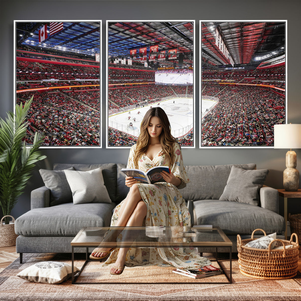 62263-MGV-CV-36X24 - Barton Malow Little Caesars Arena Detroit Wall Art Canvas Print - Detroit Hockey and Basketball