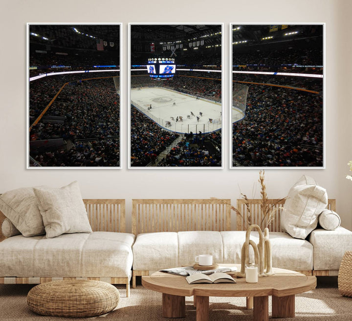 The wall art captures the essence of a Buffalo Sabres game on ice at KeyBank Center, making it deserving of a premium canvas print.