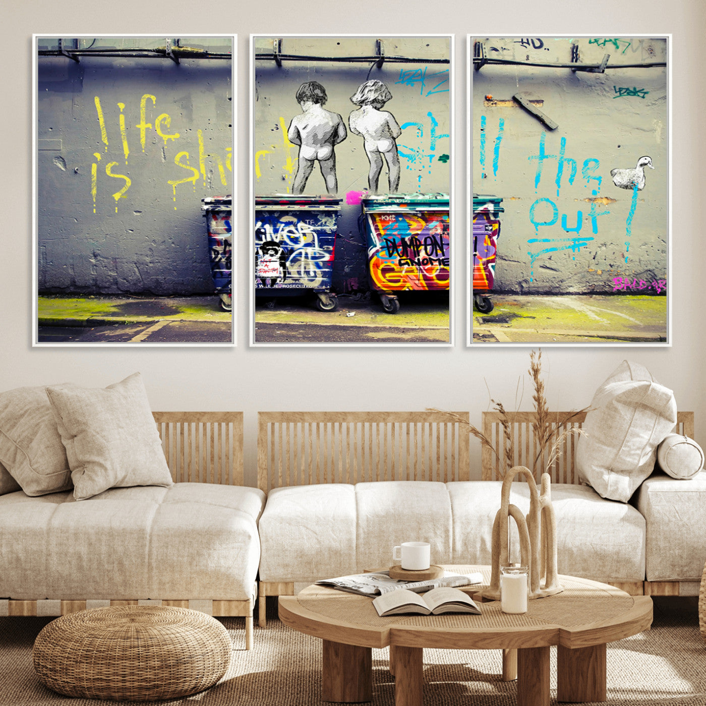 MGV-FC-60X30-3P - Banksy Life is Short Wall Art - Iconic Graffiti Art on Framed Ready-to-Hang Canvas - Street Art