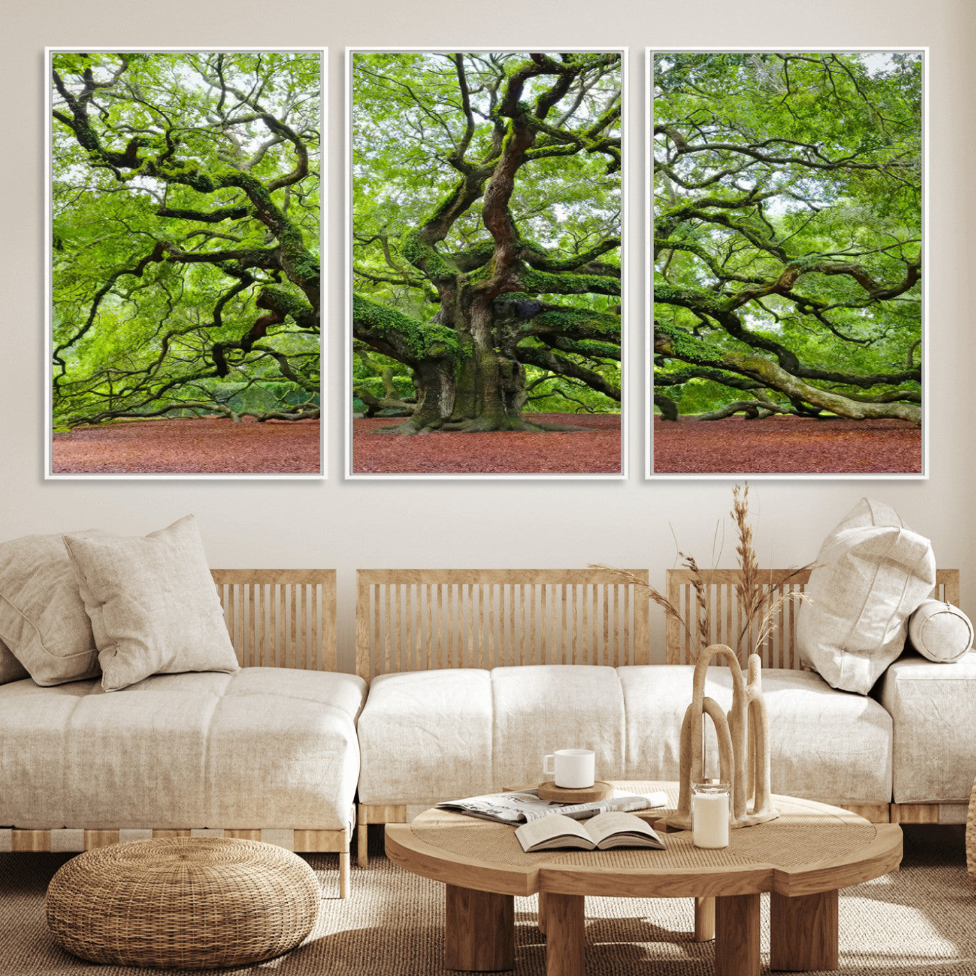 MGV-FC-60X30-3P - Framed Angel Oak Tree Wall Art - 3-Panel Canvas Prints, Large Green Nature Artwork, Ready to Hang