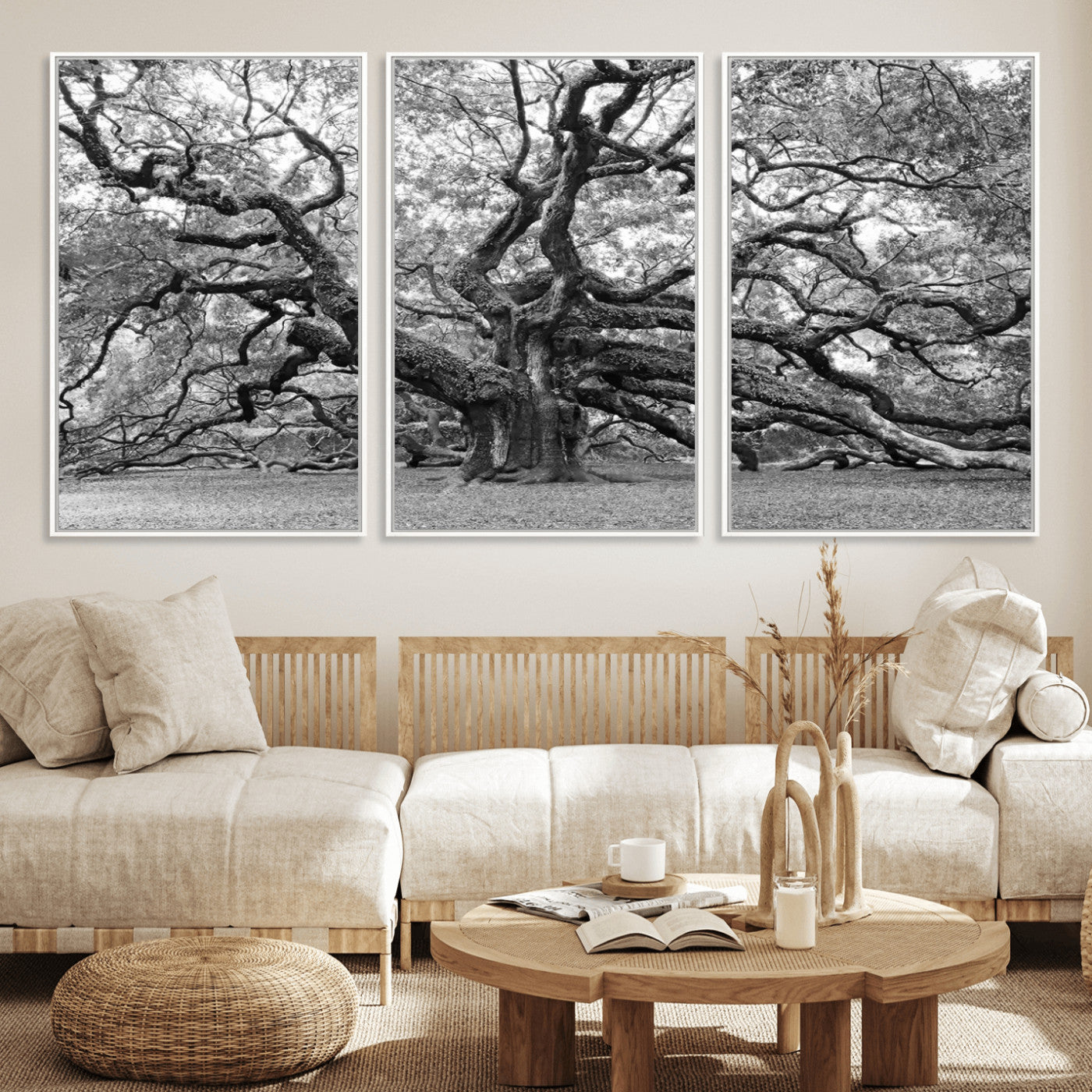 MGV-FC-60X30-3P - Black White Angel Oak Tree Wall Art - Timeless Nature-Inspired Canvas for Rustic, Modern, or
