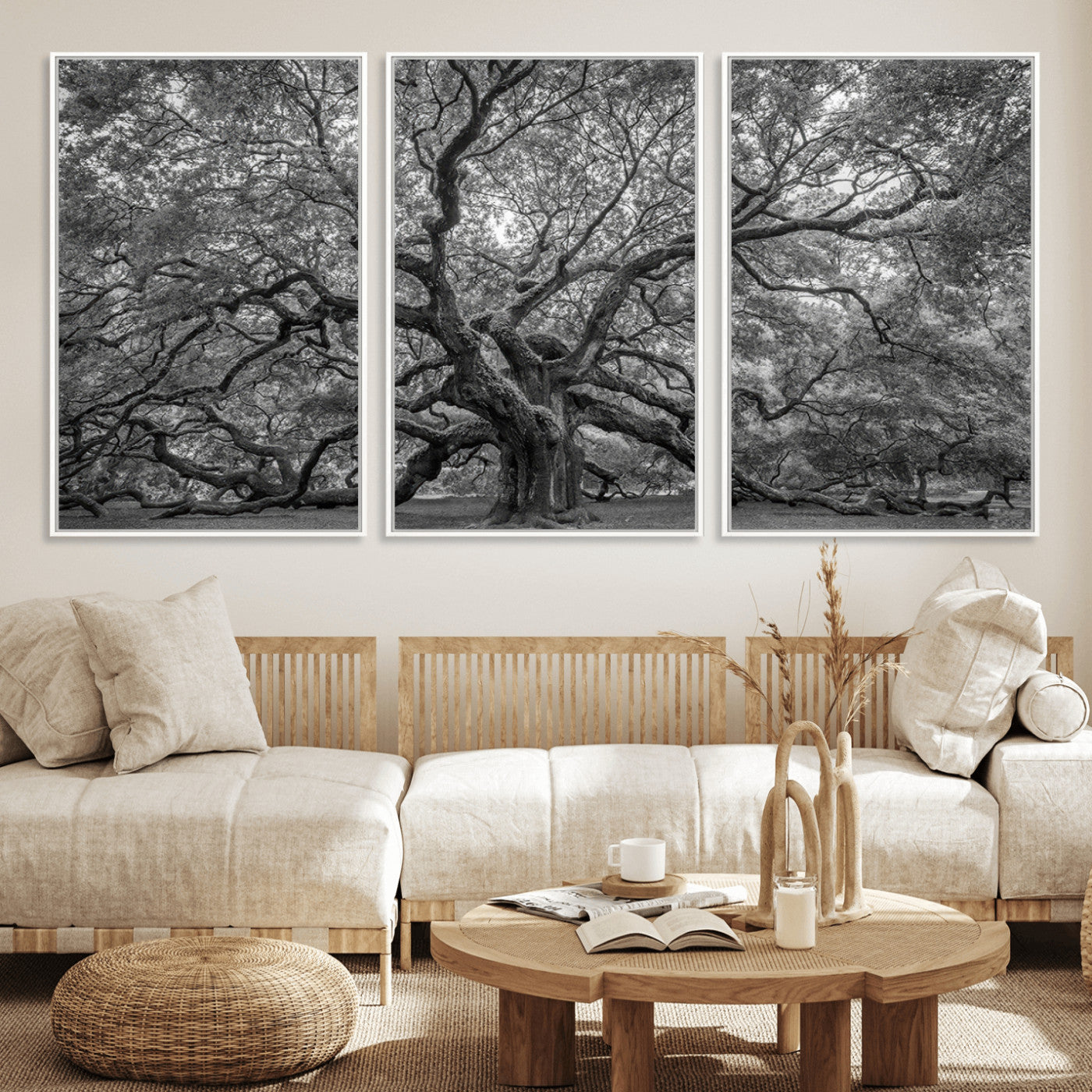 97240-MGV-FC-60X30-3P_White-Majestic Angel Oak Tree Black and White Canvas Print – Multi Panel Wall Art, Giclée Print, Ready to