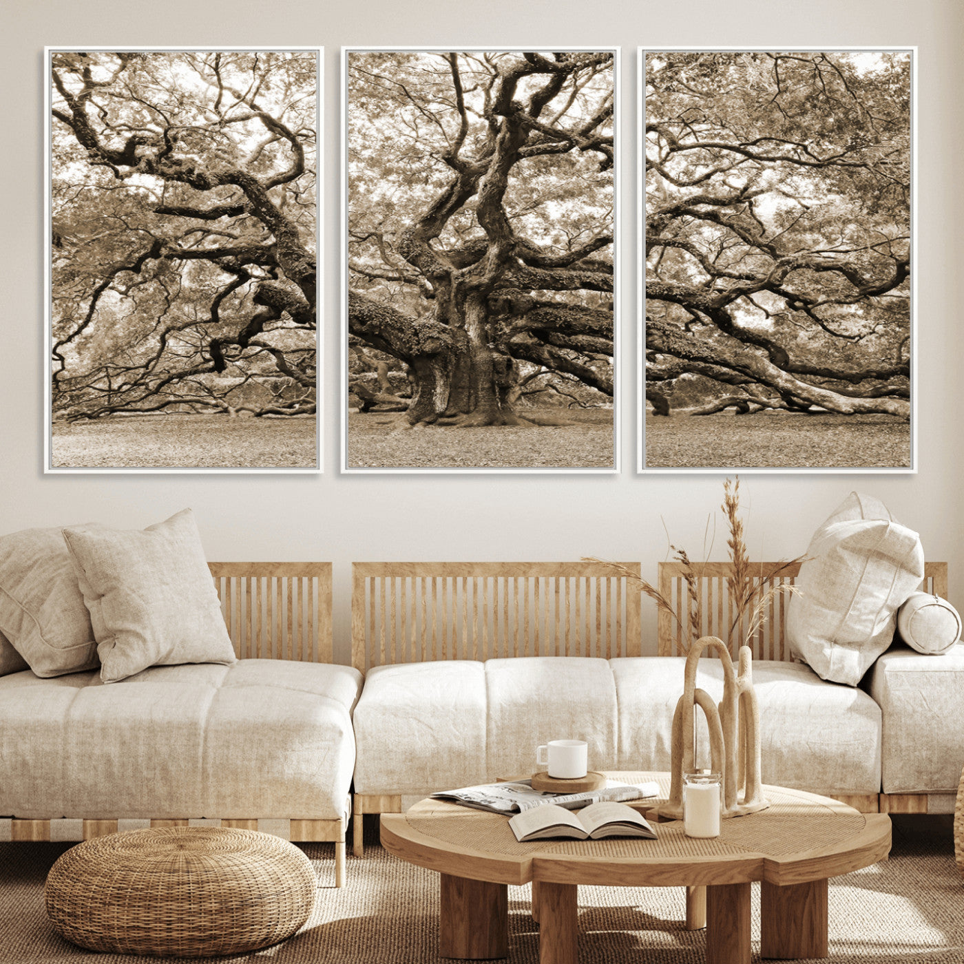 51126-MGV-FC-60X30-3P_White-Sepia Framed Angel Oak Tree Wall Art - 3-Panel Canvas Prints, Large Green Nature Artwork, Ready to