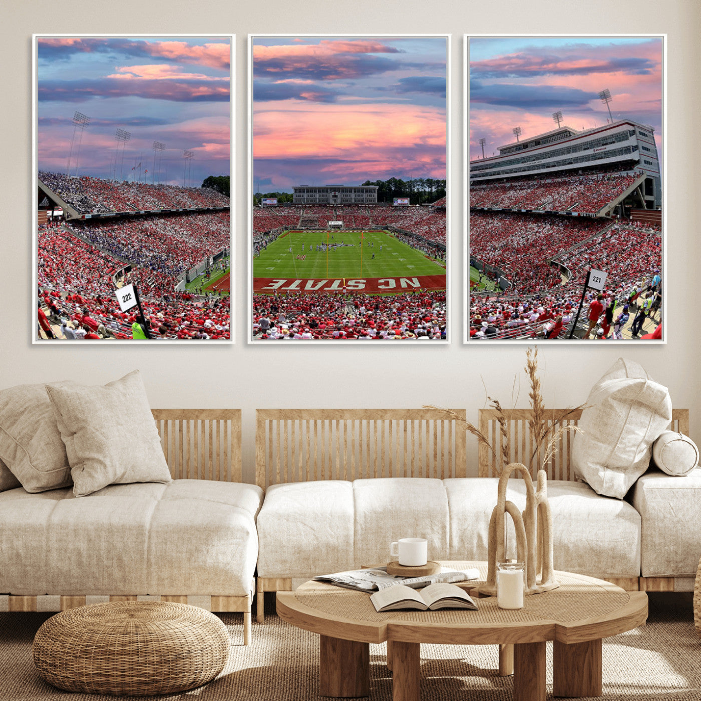 MGV-FC-60X30-3P - Carter-Finley Stadium Art Sunset Game Triple Canvas Wall Art - NC State Wolfpack Football Match