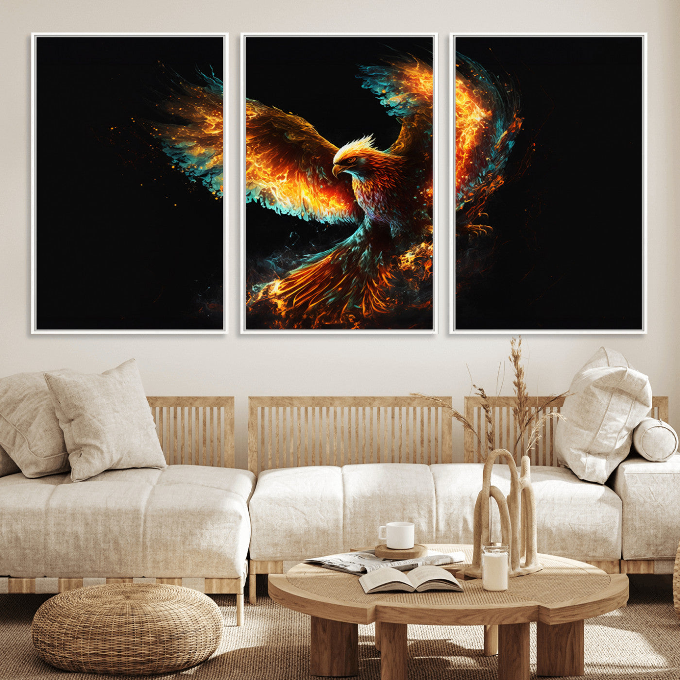 MGV-FC-60X30-3P - Fiery Phoenix Canvas Print | Ready to Hang Wall Art | Bold Fantasy Decor for Living Room | Majestic