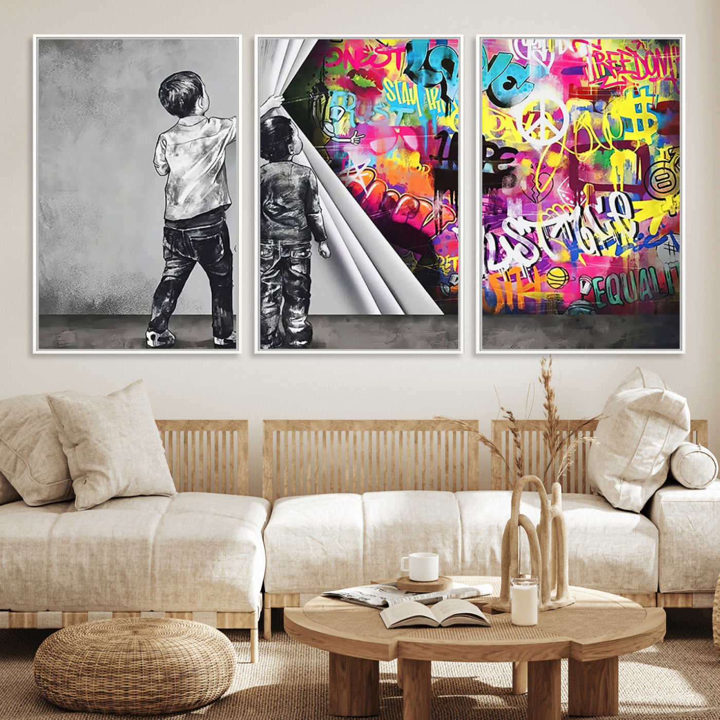 MGV-FC-60X30-3P - Banksy Print - Street Art Canvas Wall Art - Kids Revealing Graffiti, Urban Modern Decor for Living