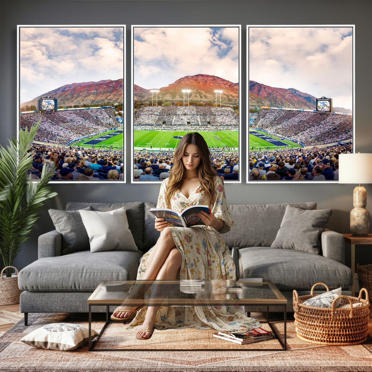 85734-MGV-CV-36X24 - Brigham Young University Cougars Football Team Print - Provo LaVell Edwards Stadium Wall Art Canvas