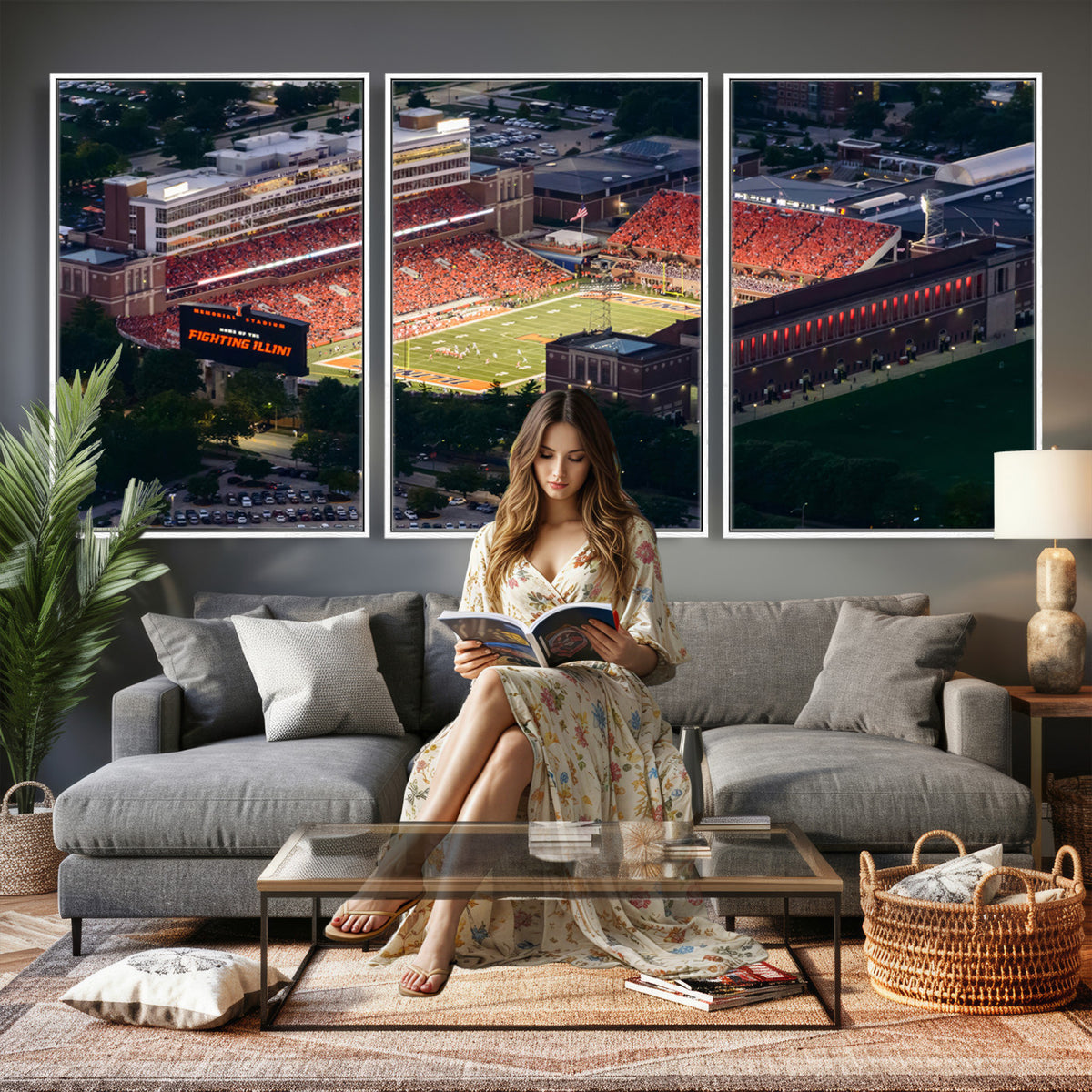 78052-MGV-CV-36X24 - University of Illinois Fighting Illini Football Team Print - Champaign Illinois Memorial Stadium