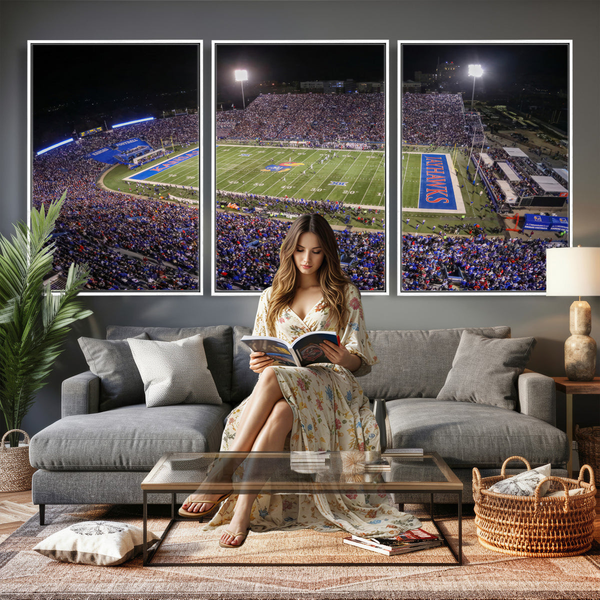 69760-MGV-CV-36X24 - University of Kansas Jayhawks Football Team Print - Lawrence Kansas Memorial Stadium Wall Art Canvas