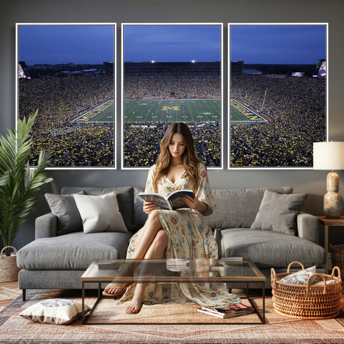 34202-MGV-CV-36X24 - University of Michigan Wolverines Football Team Print - Ann Arbor Michigan Stadium Wall Art Canvas