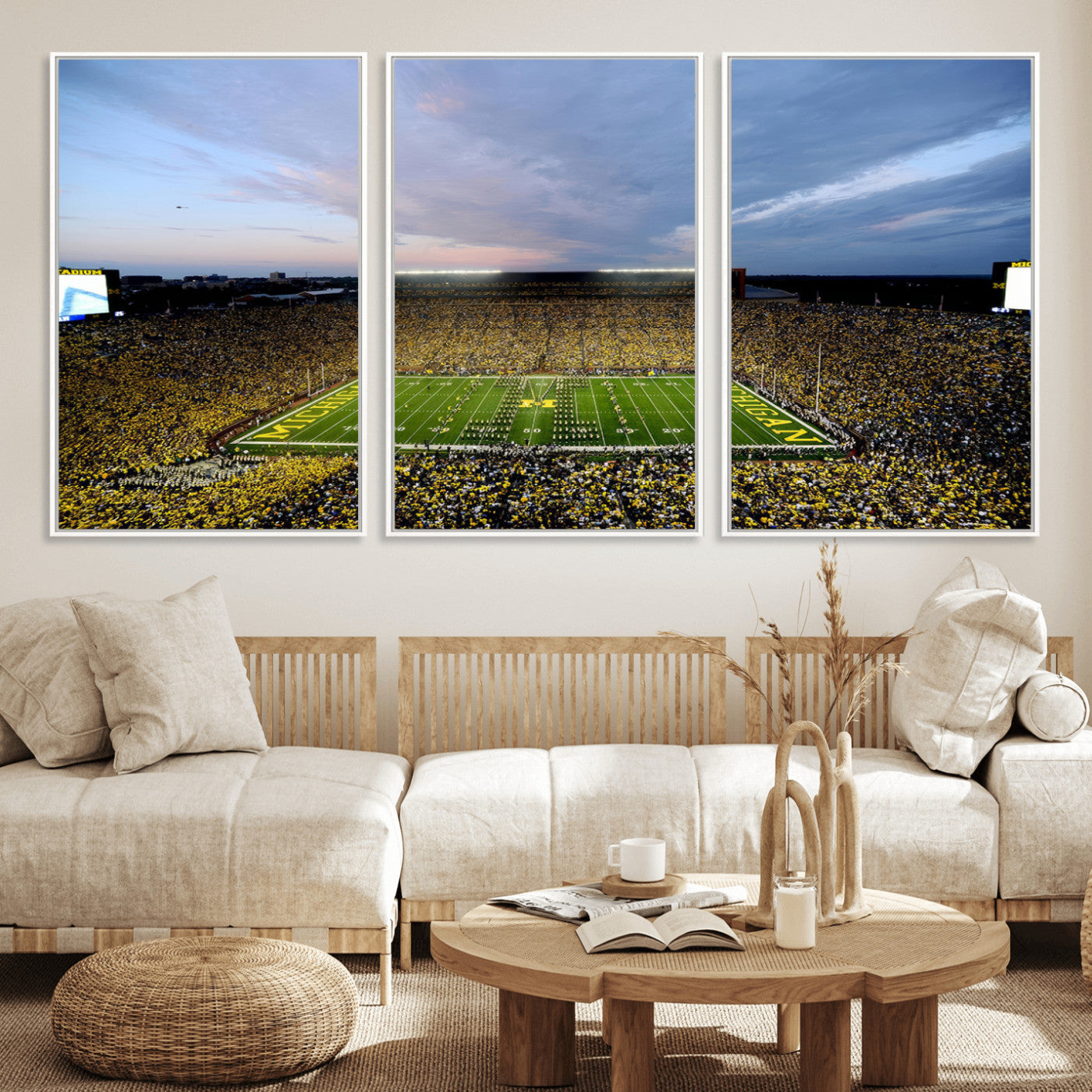 82641-MGV-FC-60X30-3P - Michigan Stadium Wall Art Canvas Print, Vibrant Game Day Crowd and Sunset Sky Football Field Artwork for Home, Office