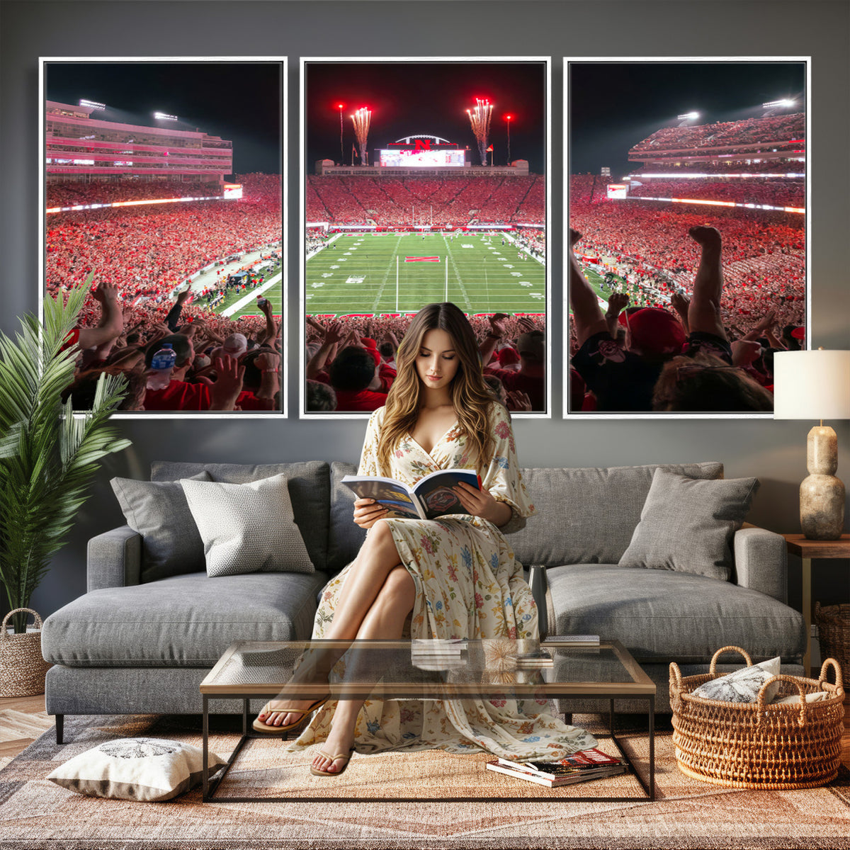 43351-MGV-CV-36X24 - University of Nebraska Cornhuskers Football Team Print - Lincoln Memorial Stadium Wall Art Canvas