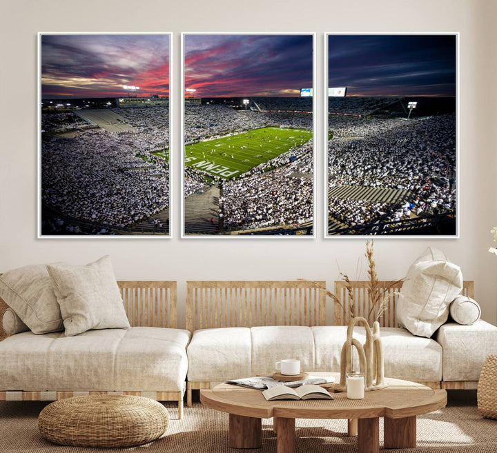 A sunset print on a canvas wall art piece captures the scene of white-clad fans at Beaver Stadium for the Nittany Lions game.