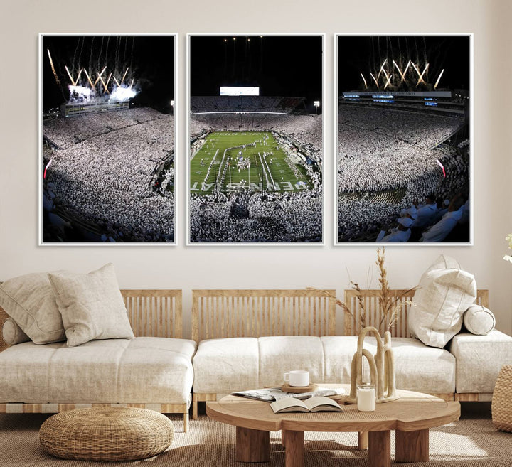 Wide-angle print of a packed stadium with fireworks, ideal gallery-quality wall art - Penn State Nittany Lions Canvas.