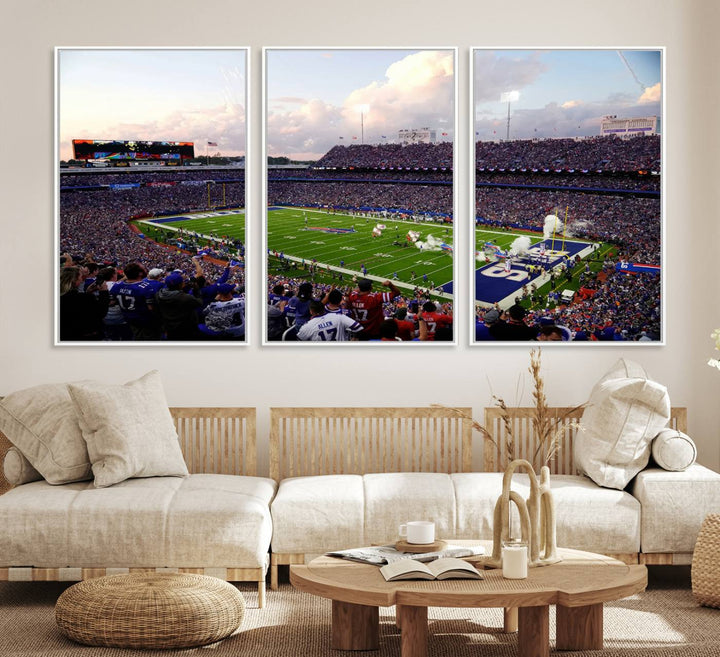 A mural of the Buffalo Bills energizes the atmosphere, capturing the excitement of a game day at Highmark Stadium, even under a cloudy sky.