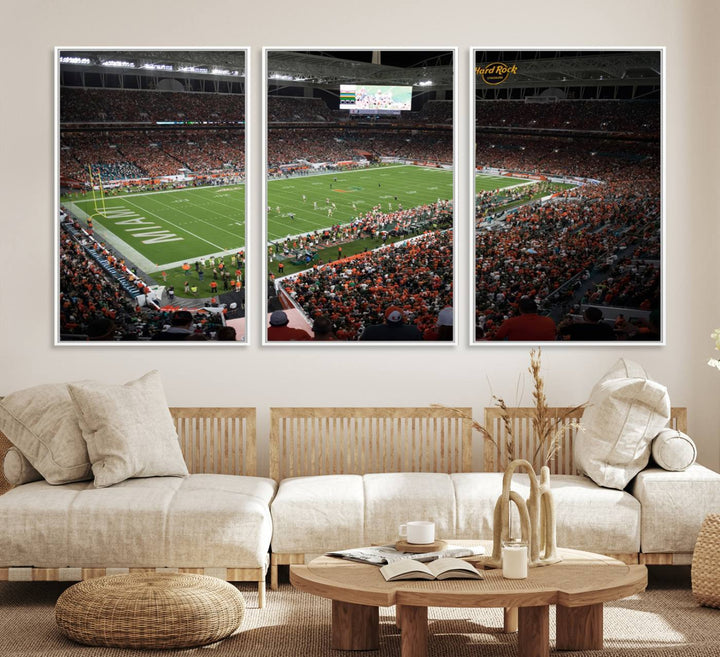 Aerial view of a Miami Hurricanes game at Hard Rock Stadium captured on canvas print, showcasing the teams on the field and fans in the stands.