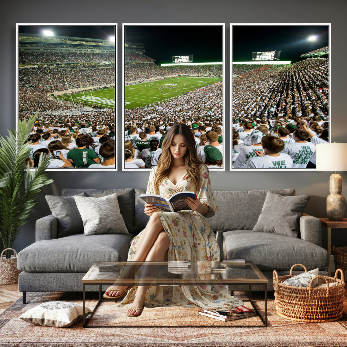 30457-PAN-FL-20X10 - Michigan State Spartans Football Canvas Print - East Lansing Spartan Stadium Wall Art Canvas Print